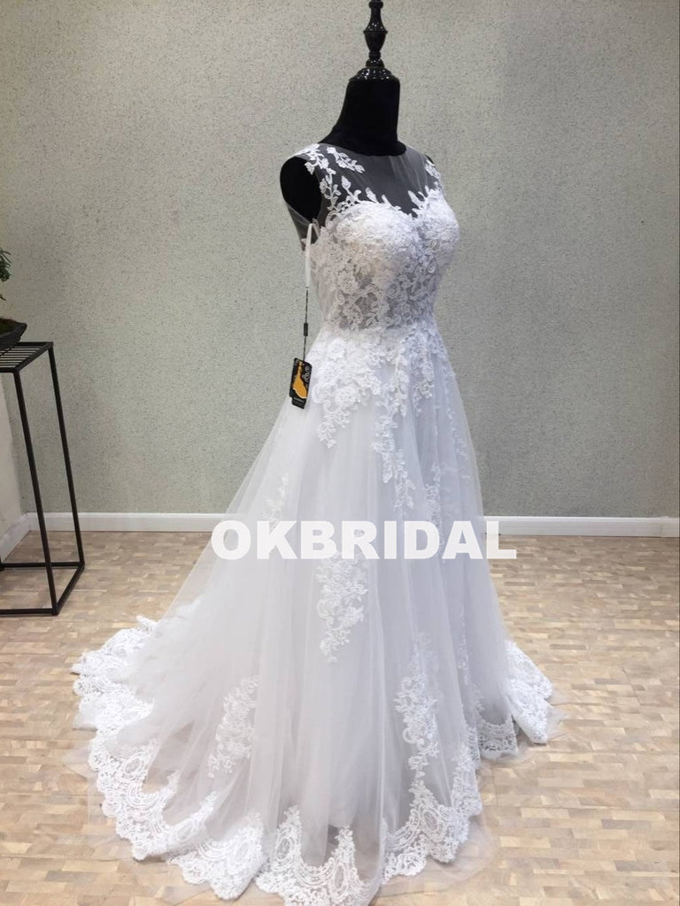 Long Tulle Cheap Applique Wedding Dresses, A-Line Lace Wedding Dresses, KX1092