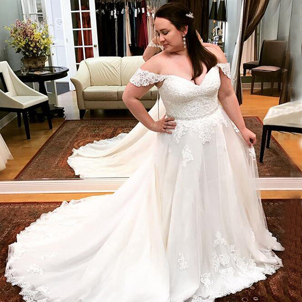 Charming White Lace Off Shoulder Wedding Dress, A-Line Tulle Backless Wedding Dress, KX1274