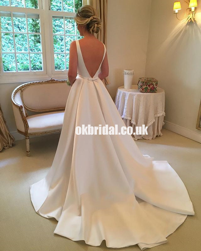 Charming Satin Simple Design A-Line Backless Gorgeous Wedding Dresses, KX1345