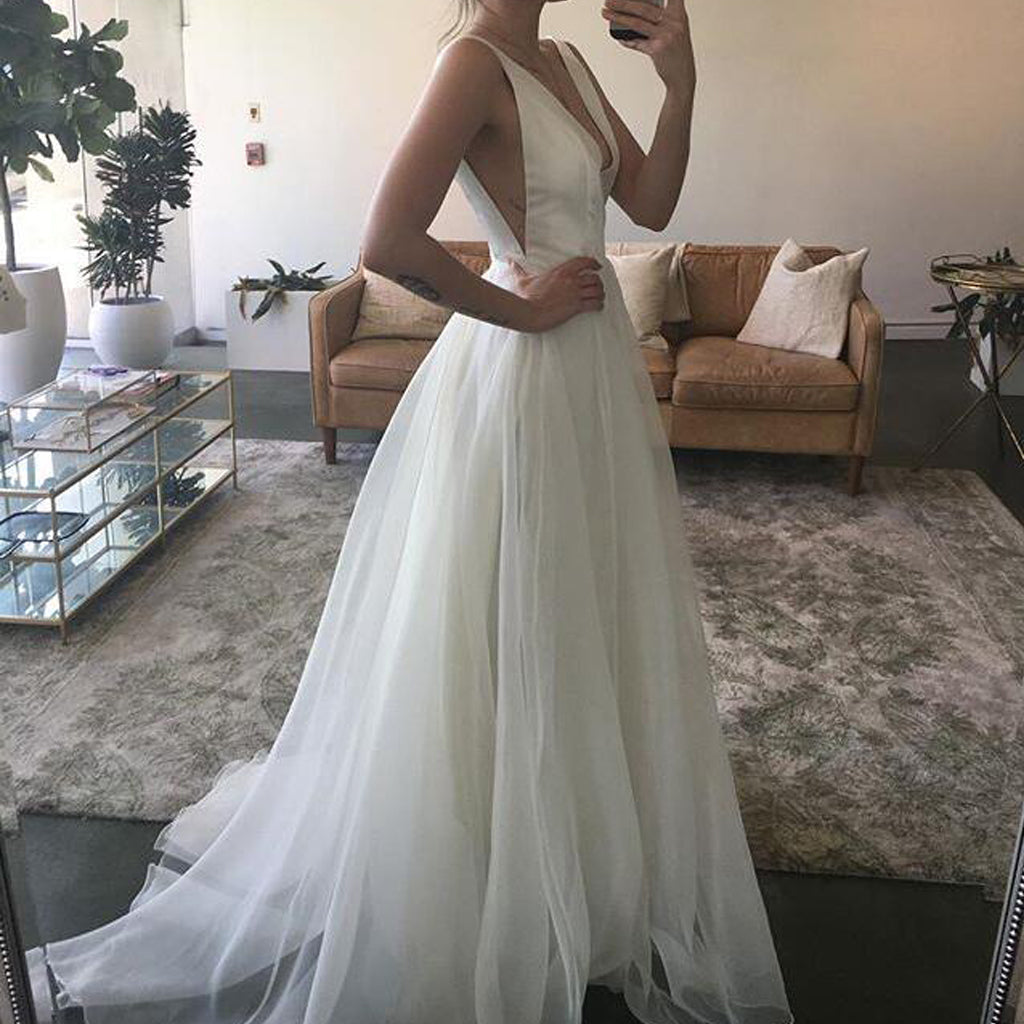 Charming Tulle A-Line Wedding Dress, Cheap Deep V-Neck Backless Bridal Dress, KX924
