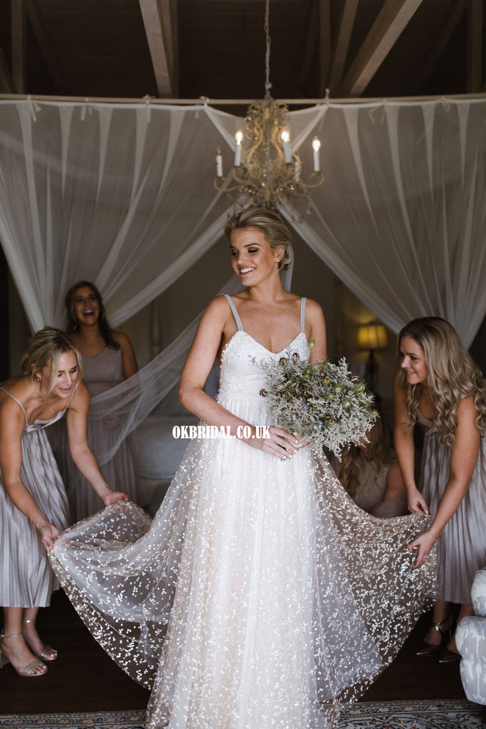 Elegant A-line Lace Backless V-neck Long Wedding Dresses, FC5161